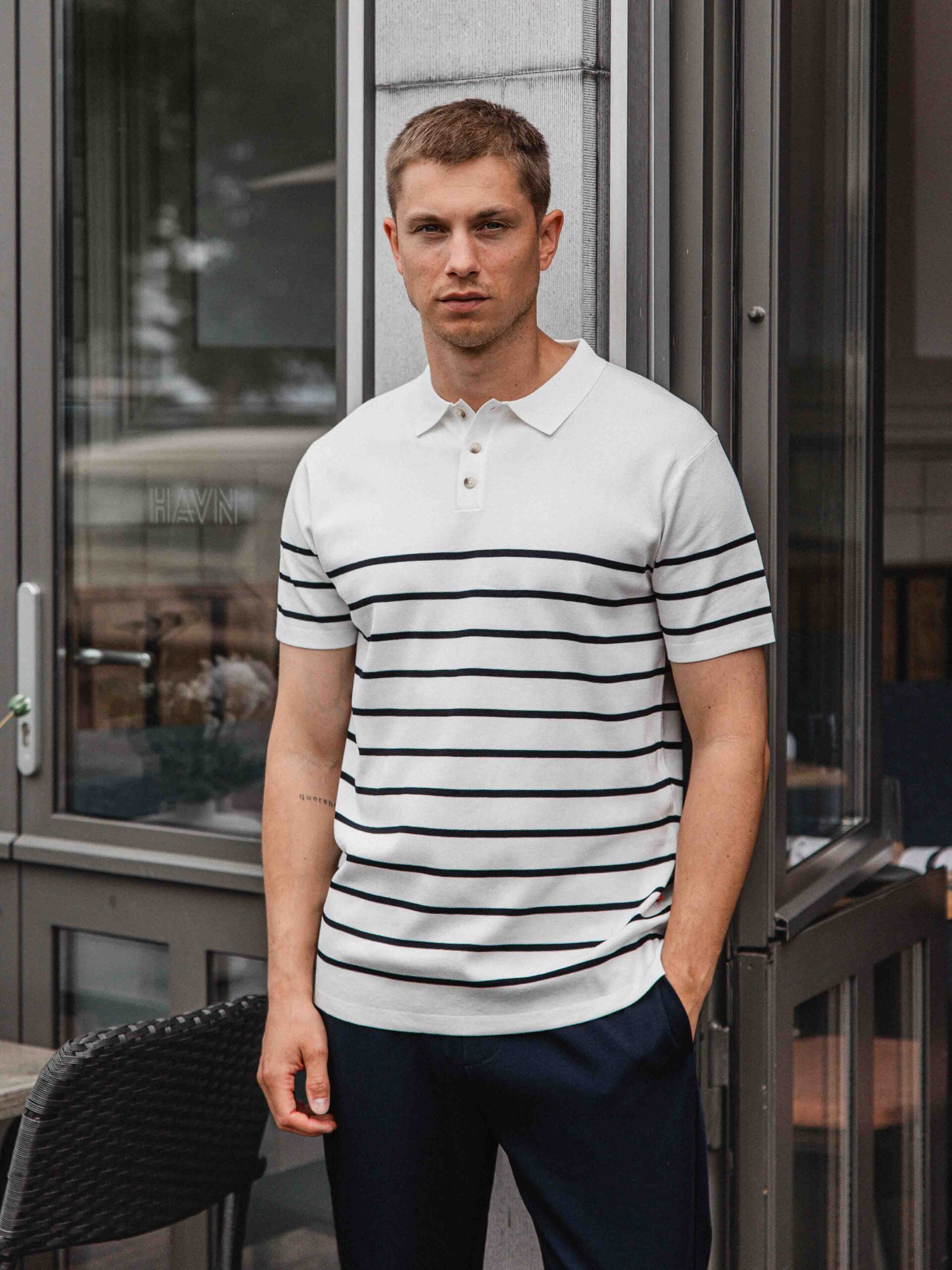 White Knit Button Stripe Polo 1608 WEAR
