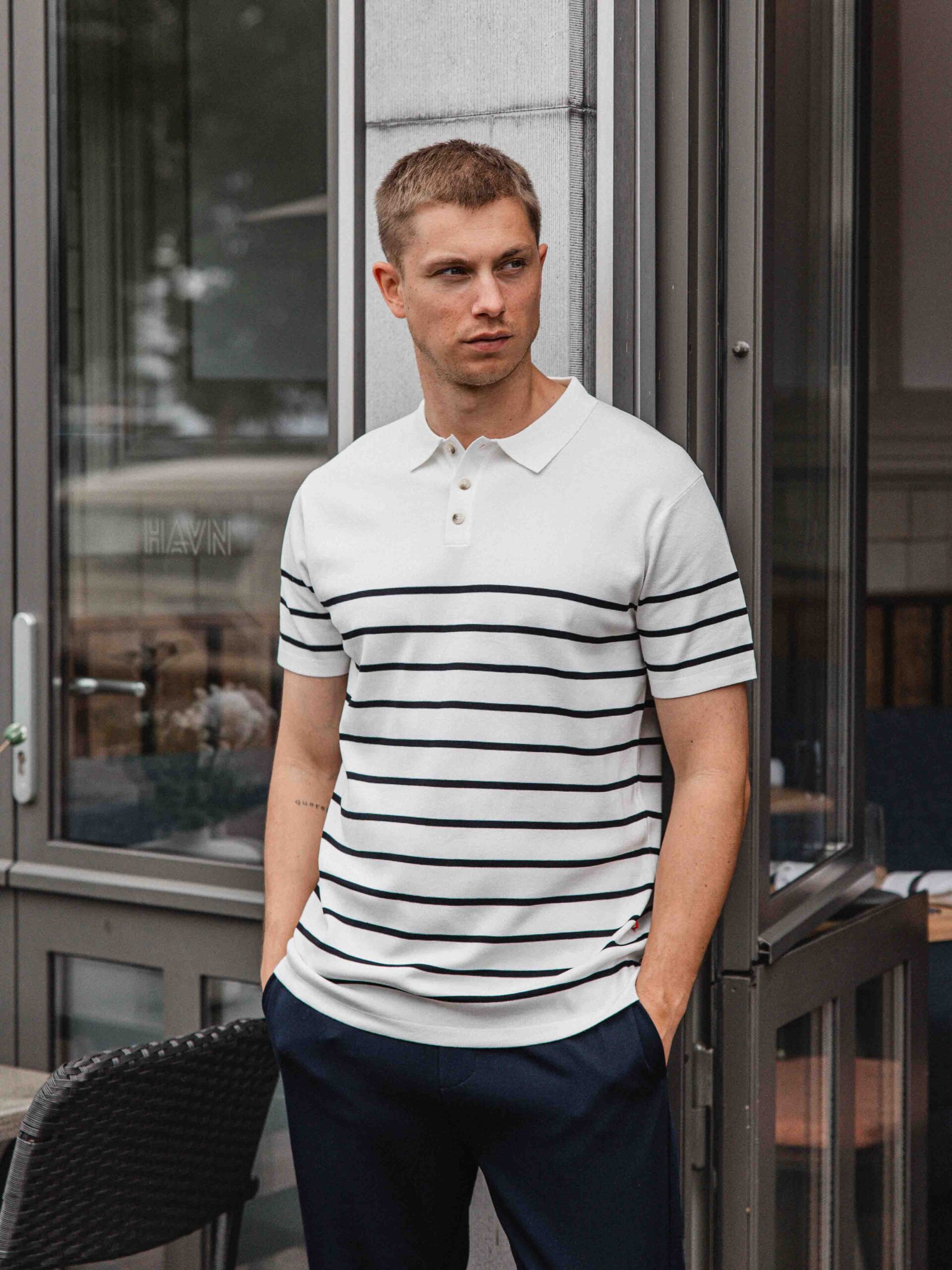 White Knit Button Stripe Polo 1608 WEAR