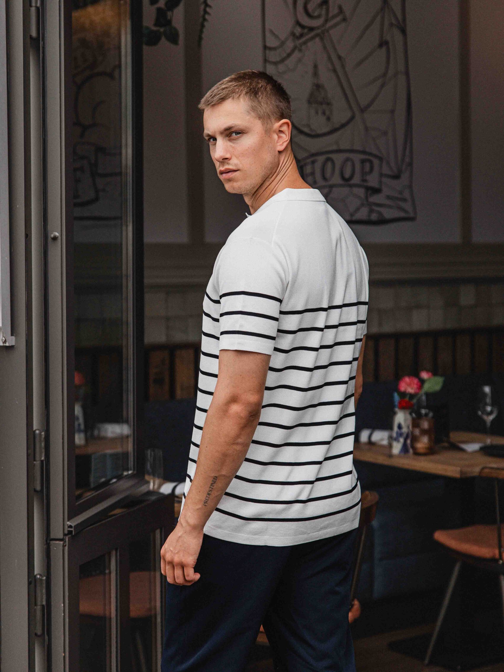 White Knit Button Stripe Polo 1608 WEAR