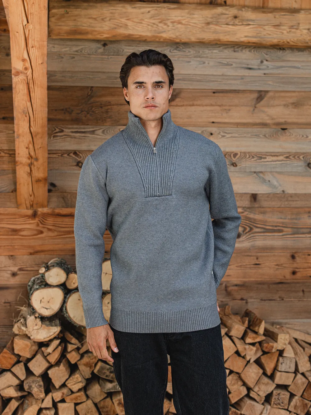 Grey Knitted Zipper Sweater 1608 WEAR
