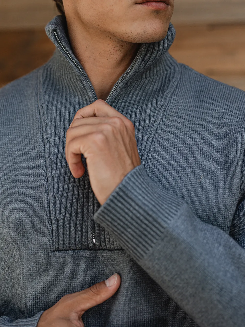 Grey Knitted Zipper Sweater 1608 WEAR